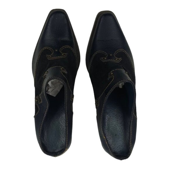 Western Blue Leather Suede Mules Boot Style Clogs Sz 6 Brass Studs Rodeo Slip On - Picture 5 of 12